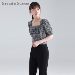 bread n butter 面包黄油 方形领公主风泡泡袖上衣黑白小格纹透气短袖衬衫