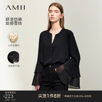 AMII2024春极简纯色宽松V领双层荷叶袖正肩长袖雪纺衫女 黑色 155/80A/S