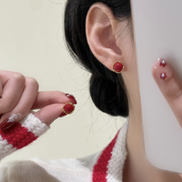 925银针耳饰A-301 新年红色珠珠法式耳钉小众百搭耳环