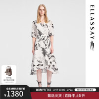 歌力思（ELLASSAY）2024夏季天丝亚麻印花不规则半袖连衣裙女EWB352Y03400 黑混搭 XS