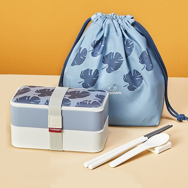 Husk’sWare 壳氏唯饭盒上班族学生便当盒微波炉加热午餐盒大容量双层保温饭盒 素景蓝色+束口袋