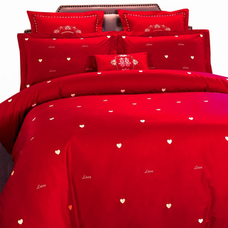 拉普斯家纺婚庆四件套大红色刺绣纯棉全棉床上用品结婚床单被套床上用品 形影不离 四件套 1.5米床 被套200*230cm