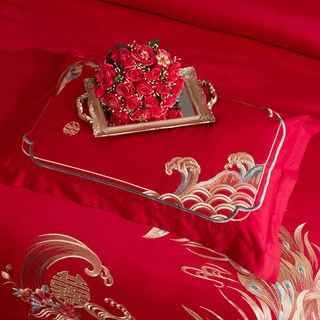 艾维（I-WILL）中式刺绣婚庆四件套全棉提花红色结婚被套床单 龙凤传喜 2.0米床 龙凤传喜（婚庆四件套）