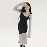针织连衣裙女2024春假两件修身不规则高级感辣妹拼色中长裙