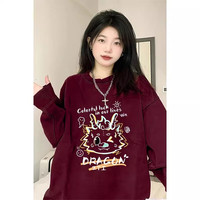 風采兔酒红色卫衣女2024春季龙年本命年印花套头圆领宽松慵懒风上衣 酒红色【薄款】 XL
