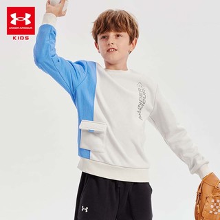 安德玛（Under Armour）男大童圆领加绒卫衣秋冬儿童加厚保暖印花拼接运动套头卫衣 蓝色 140cm