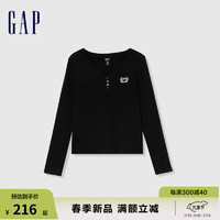 Gap女装2024春季logo简约纽扣V领长袖女友T套头上衣429380 黑色 155/76A(XS) 亚洲尺码