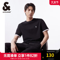 杰克琼斯 杰克·琼斯（JACK&JONES）男装春夏潮简约纯棉logo刺绣假两件短袖T恤上衣男224101124 黑色E40 常规 黑色E40 180/100A/L