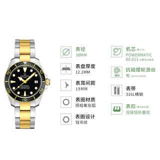 雪铁纳瑞表动能系列海龟潜水机械腕表腕表对表 间金黑盘