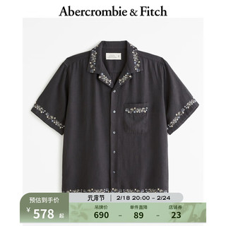 ABERCROMBIE & FITCH男装 24春夏新款古巴领美式休闲亚麻混纺刺绣衬衫 355567-1 黑色图案 XS (170/84A)