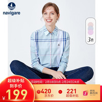 Navigare意大利小帆船长袖衬衫女士莱赛尔格子休闲衬衣 蔚蓝/白 L
