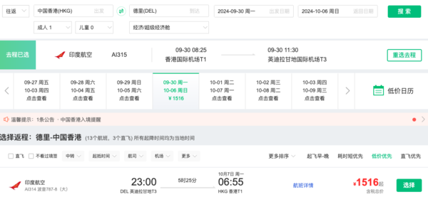同程旅行现能查到一波香港飞印度德里的机票,往返含税1.