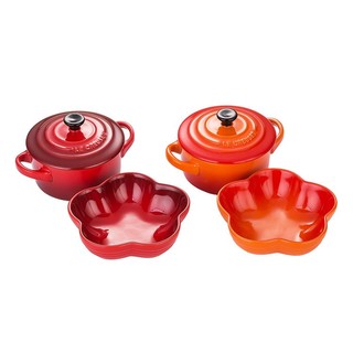 LE CREUSET酷彩  炻瓷圆形锅形烤罐花形盘红色桔色套组家用法式