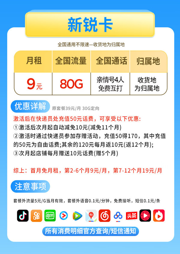 China Mobile 中国移动 新锐卡 2-6月 9元月租（80G流量+支持5G+本地归属+首月免月租）值友赠2张20元E卡