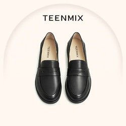 TEENMIX 天美意 皮鞋女鞋柔軟羊皮樂福鞋單鞋CCJ38CA3 黑色（寬版）