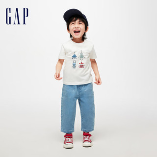 Gap男幼童2024春季纯棉印花图案圆领短袖T恤儿童装上衣430235 白色 90cm(1-2岁) 亚洲尺码