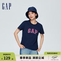 Gap女装春季2024LOGO简约圆领撞色印花纯棉短袖T恤402168上衣 海军蓝 165/84A(M)亚洲尺码