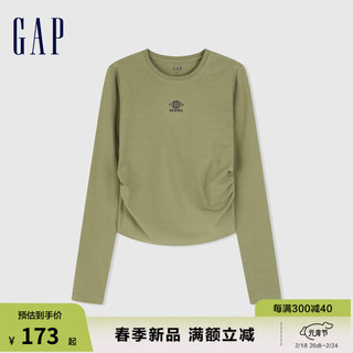 Gap女装2024春季logo抽褶显瘦短款圆领长袖T恤女友T889914 绿色 160/80A(S)亚洲尺码