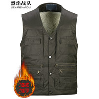 烈焰战队 马甲 男士中老年加长绒毛加厚多口袋宽松棉马夹 冬装保暖背心爸爸装内搭棉坎肩 军绿色(卷毛款马甲) XXXL(150-160斤)