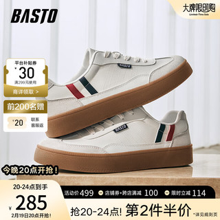 BASTO 百思图 2024春季时尚复古德训鞋平跟男休闲鞋J2399AM4 米白/浅灰 39