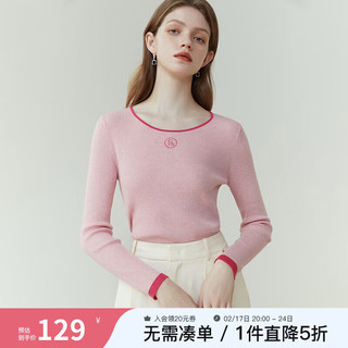范思蓝恩 23FS11187圆领毛针织衫，女，春秋装新款套头坑条修身上衣 粉色 XS