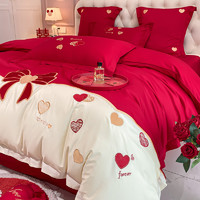 恋织家 简约结婚四件套床上用品高级感婚庆红色纯棉刺绣被套陪嫁婚房喜被