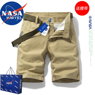 NASA MARVEL短裤男夏季五分裤休闲纯棉中裤工装裤宽松潮流多袋裤 蓝色 33 蓝色+腰带 33（135斤-150斤）