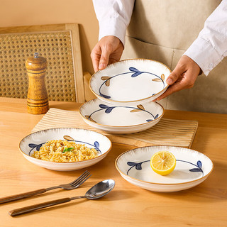 贺川屋 陶瓷盘子家用釉下彩日式盘子8英寸汤盘菜盘 4只装 兰亭序 8英寸盘4只
