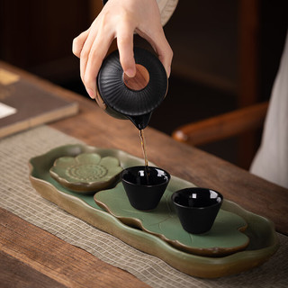 瓷友茗绿陶茶盘家用小型功夫茶具干泡盘复古蓄水式茶托盘