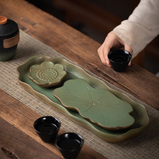 瓷友茗绿陶茶盘家用小型功夫茶具干泡盘复古蓄水式茶托盘