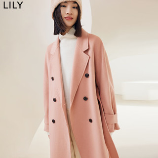 LILY2022冬女装舒适保暖全绵羊毛高级感纯色宽松毛呢大衣外套 122粉红 S