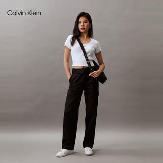 Calvin Klein Jeans24春夏女士时尚翻折腰边工装口袋直筒休闲裤J223324 BEH-太空黑 26