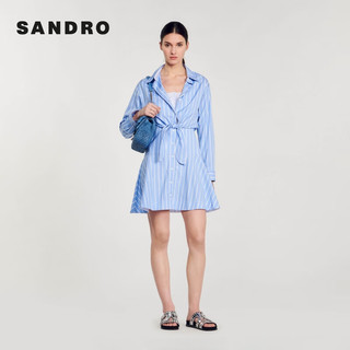 SANDRO2024早春女装法式蓝色衬衫领条纹收腰连衣裙SFPRO03598 D251/蓝色 36