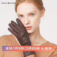 玛丽亚.古琦（玛丽亚古琦 MARJA KURKI）羊皮手套女冬季保暖 真皮手套 翻毛皮简约时尚可触屏 拼接的气质 棕色 M