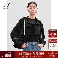 玖姿·安娜蔻轻运动户外休闲感宽松连帽短外套风衣2024春季 素黑 S