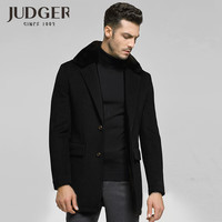 庄吉（Judger）冬季磨毛厚款男士羊毛呢子大衣中长款毛呢外套可拆獭兔毛领 黑色 175/96A