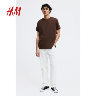 H&M 男装T恤2024春季新款美拉德圆领短袖纯棉纯色打底0685816 217