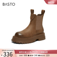 BASTO 百思图 23冬商场新款加绒棕色切尔西烟筒靴马丁短靴女棉鞋ID155DD3