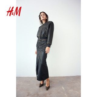 H&M女装2024春季中式领复古潮流短款涂层飞行员夹克1210847 深橄榄绿 1