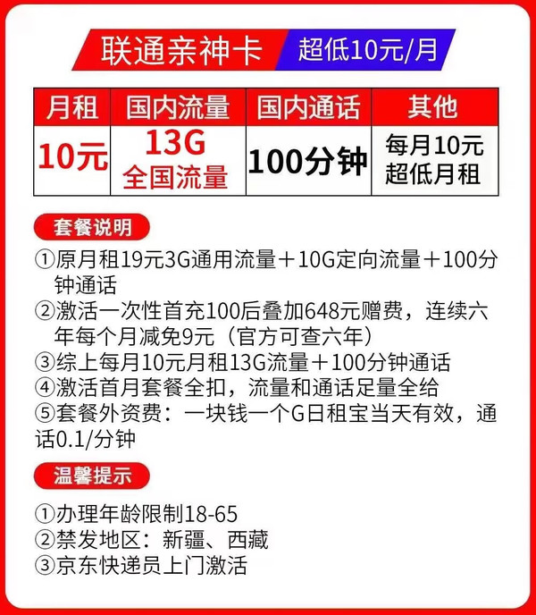 China unicom 中国联通 亲神卡 、六年 10元月租（13G+100分钟通话）