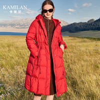 卡米兰新中式绣花羽绒服女红色中长款白鸭绒羽绒外套