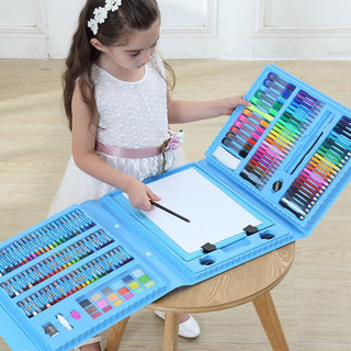 末末和木头绘画套装玩具儿童画画工具画笔带画板水彩笔油礼盒男女孩 带画架208件绘画套装蓝色