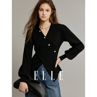 ELLE 她 春款时尚休闲风翻领交叉下摆设计针织衫女