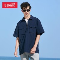 Baleno 班尼路 春夏衬衫男短袖潮流港风印花工装纯色方领宽松休闲衬衣上衣