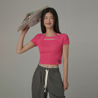chuu 字母刺绣针织衫女2023年夏季新品设计感小众别致挂脖短袖上衣 粉色 均码