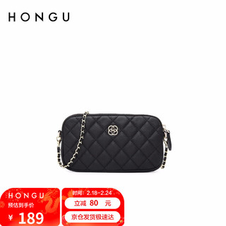 HONGU 红谷 女士包包女包菱格单肩包链条包头层牛皮斜挎包小方包H4333357A漆黑