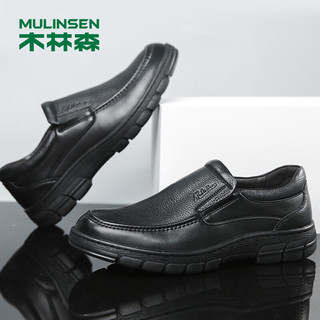 MULINSEN 木林森 男鞋商务休闲皮鞋牛皮透气软底耐磨爸爸鞋 L2190269 黑色 38