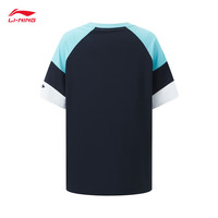 李宁 LI-NING童装短袖T恤男大童2024篮球系列套头圆领运动上衣YHSU137 深海军蓝拼湖滨蓝-2 130cm