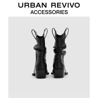 URBAN REVIVO2024春季女士摩登复古堆褶尖头靴子UAWS40002 黑色 35