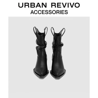 URBAN REVIVO2024春季女士摩登复古堆褶尖头靴子UAWS40002 黑色 35